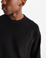 wax london men's Riley - Black Structured Waffle Crewneck Jumper