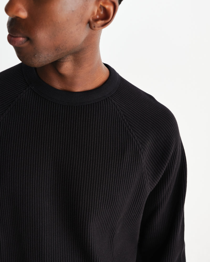 wax london men's Riley - Black Structured Waffle Crewneck Jumper