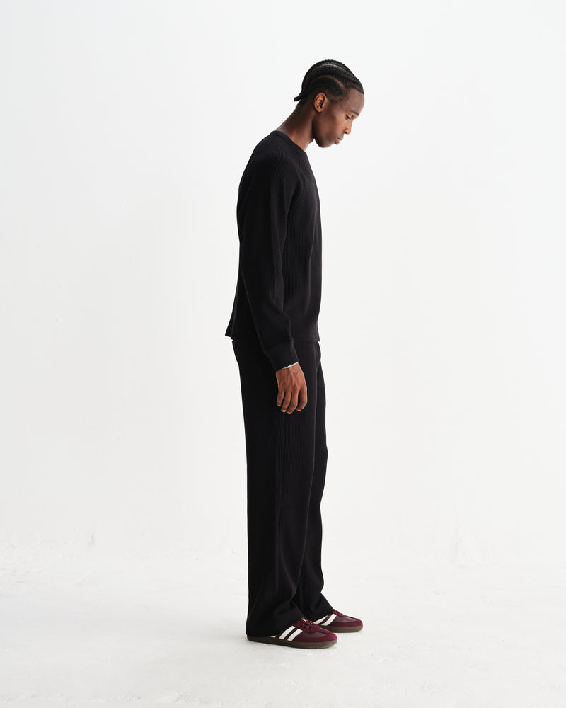 wax london men's Riley - Black Structured Waffle Crewneck Jumper