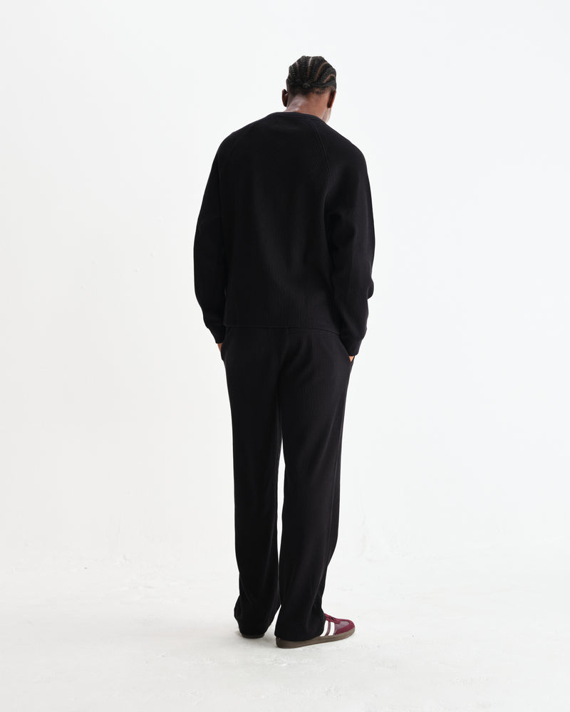 wax london men's Riley - Black Structured Waffle Crewneck Jumper