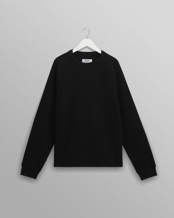 wax london men's Riley - Black Structured Waffle Crewneck Jumper