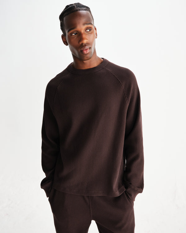 wax london men's Riley - Dark Brown Structured Waffle Crewneck Jumper