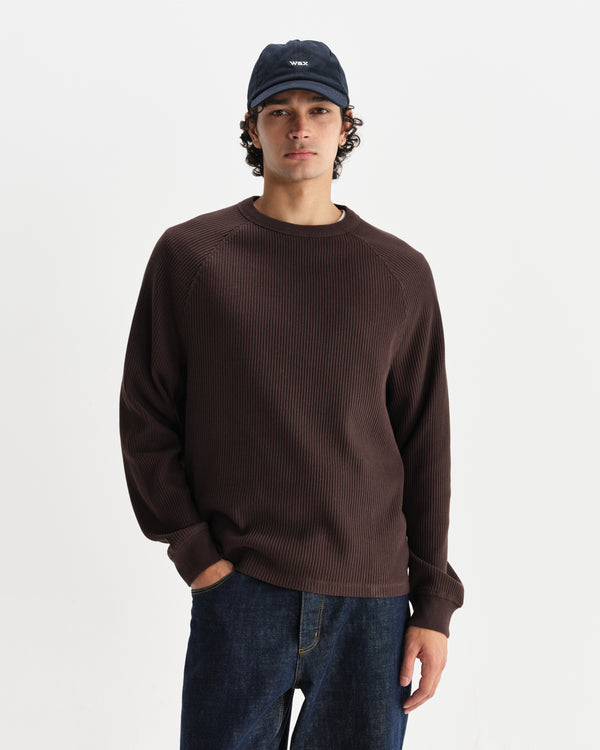 wax london men's Riley - Dark Brown Structured Waffle Crewneck Jumper