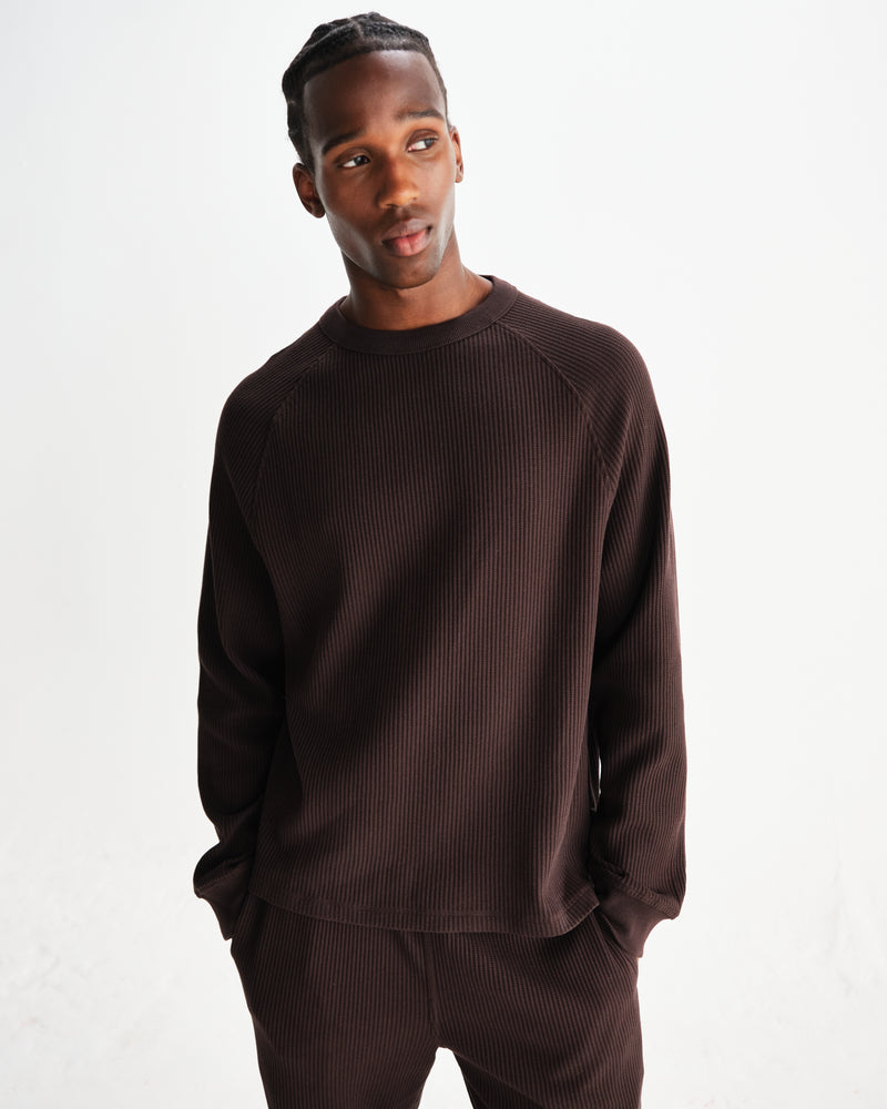 wax london men's Riley - Dark Brown Structured Waffle Crewneck Jumper
