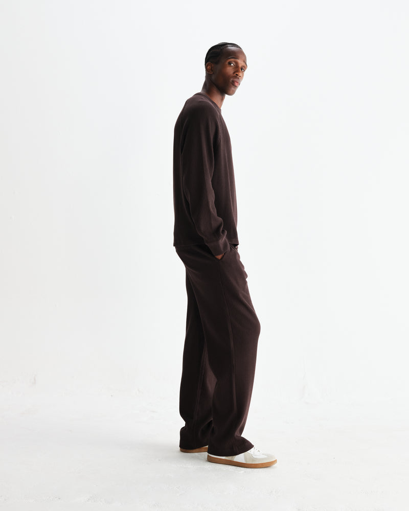 wax london men's Riley - Dark Brown Structured Waffle Crewneck Jumper