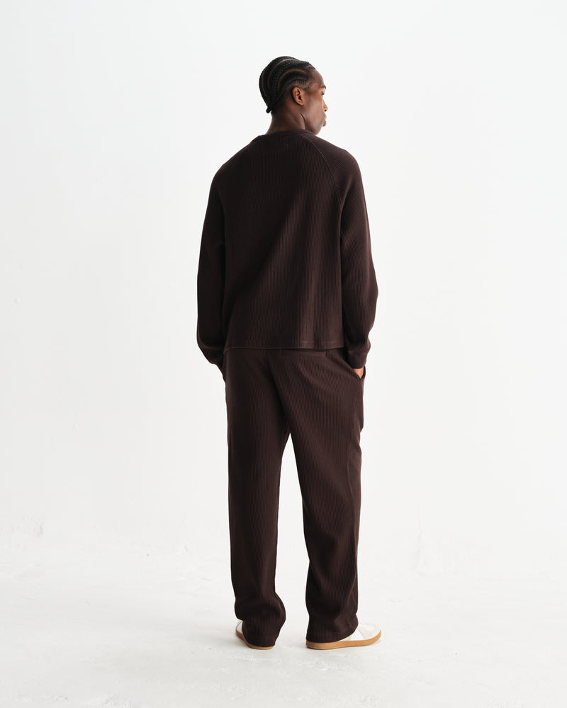 wax london men's Riley - Dark Brown Structured Waffle Crewneck Jumper