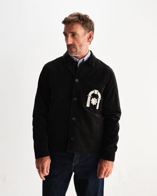 wax london men's Rockley - Black And Ecru Applique Velvet Overshirt