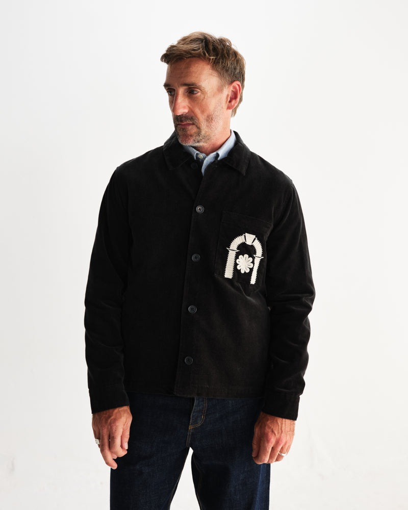 wax london men's Rockley - Black And Ecru Applique Velvet Overshirt