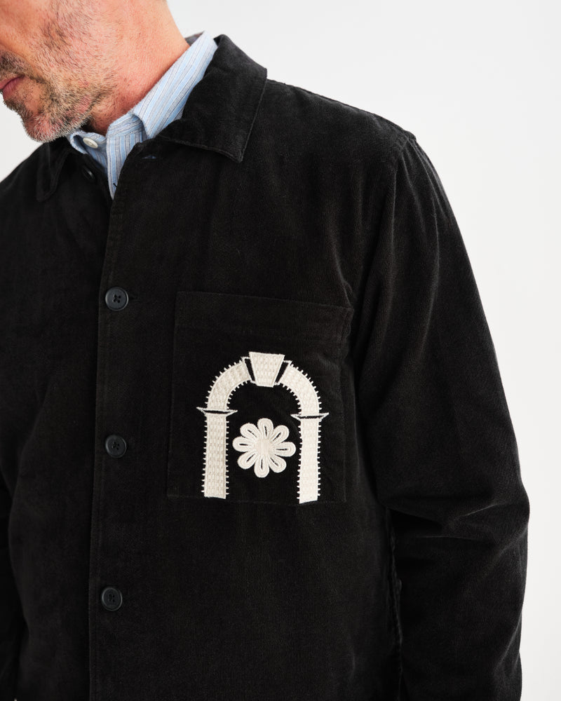 wax london men's Rockley - Black And Ecru Applique Velvet Overshirt