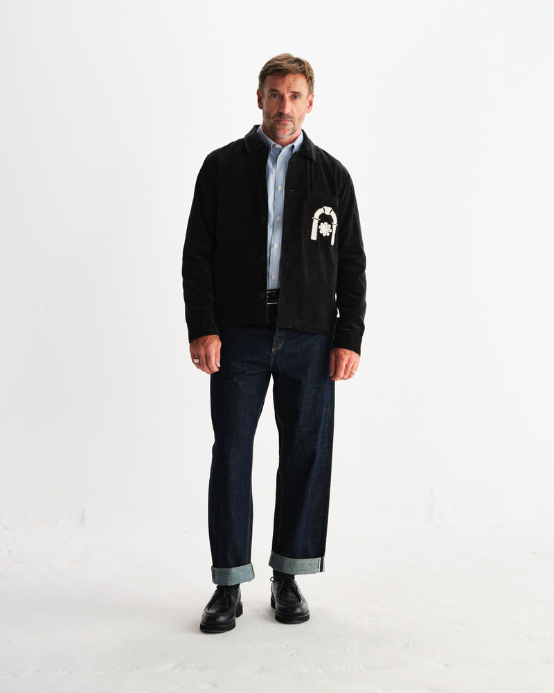 wax london men's Rockley - Black And Ecru Applique Velvet Overshirt