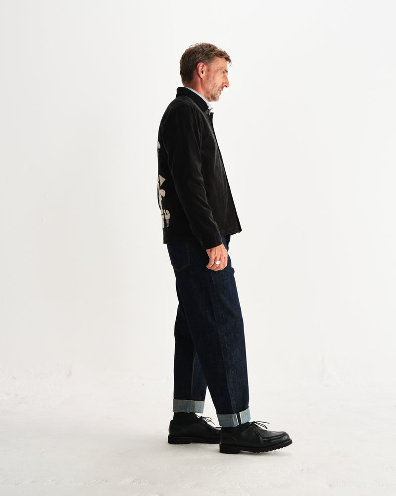 wax london men's Rockley - Black And Ecru Applique Velvet Overshirt