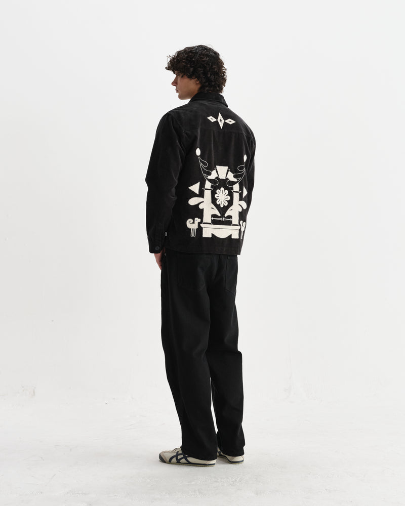 wax london men's Rockley - Black And Ecru Applique Velvet Overshirt