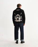 wax london men's Rockley - Black And Ecru Applique Velvet Overshirt