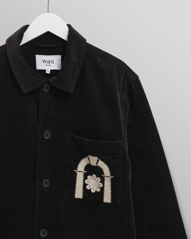 wax london men's Rockley - Black And Ecru Applique Velvet Overshirt