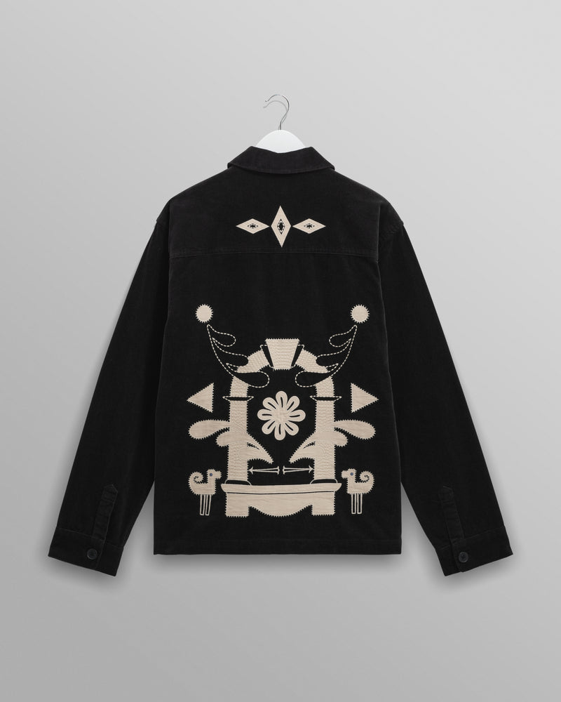 wax london men's Rockley - Black And Ecru Applique Velvet Overshirt