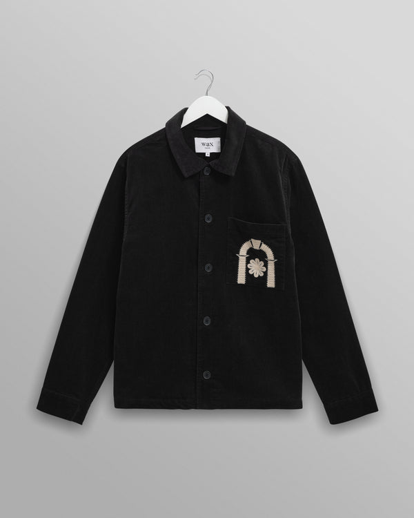 wax london men's Rockley - Black And Ecru Applique Velvet Overshirt