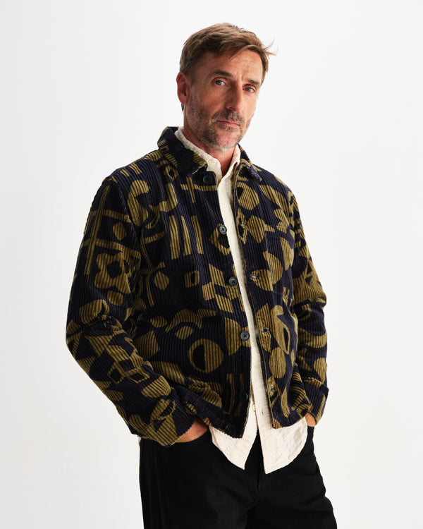 wax london men's Rockley - Navy And Khaki Shapes Jumbo Corduroy Overshirt
