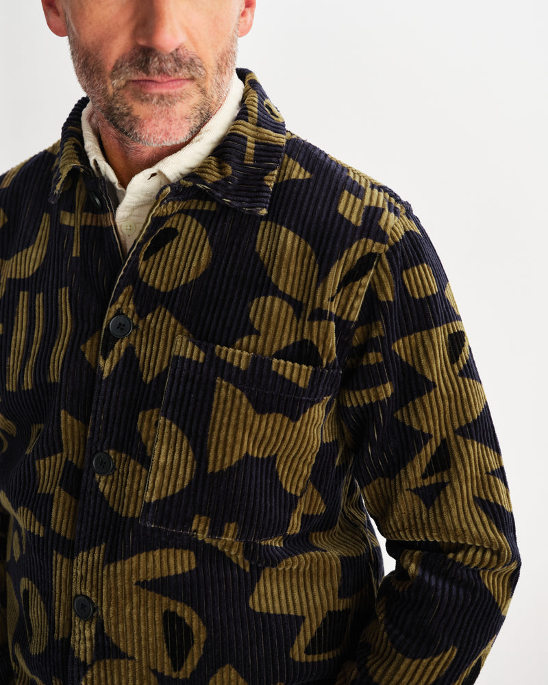 wax london men's Rockley - Navy And Khaki Shapes Jumbo Corduroy Overshirt