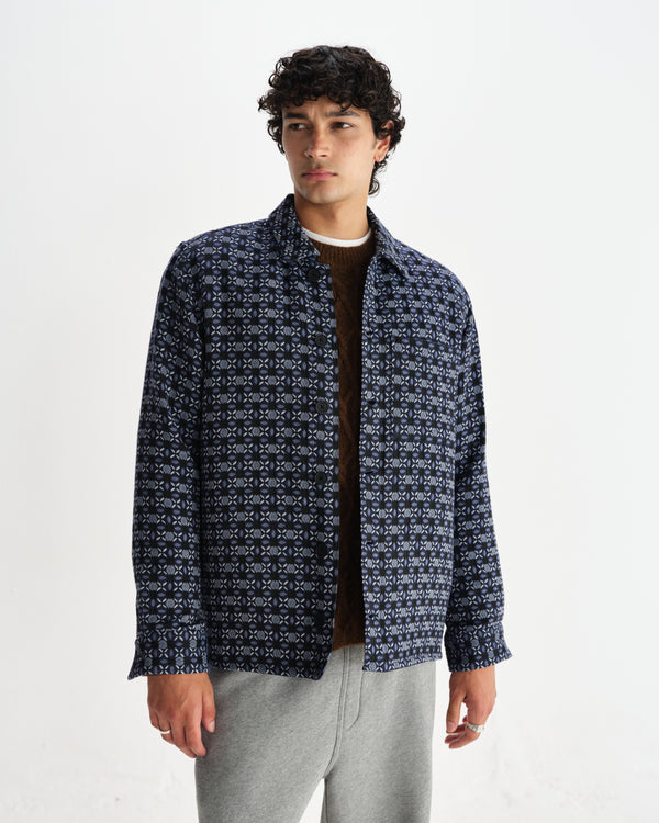 wax london men's Rockley - Navy Geometric Jacquard Overshirt