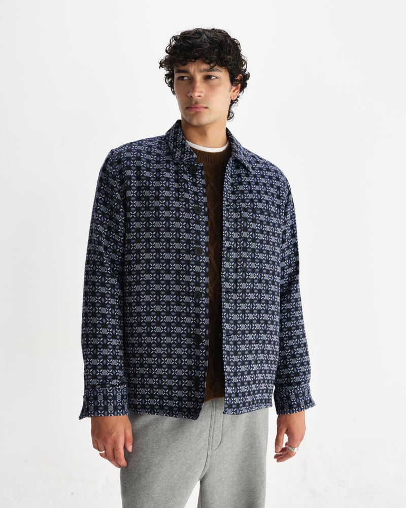 wax london men's Rockley - Navy Geometric Jacquard Overshirt