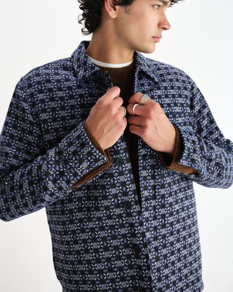 wax london men's Rockley - Navy Geometric Jacquard Overshirt