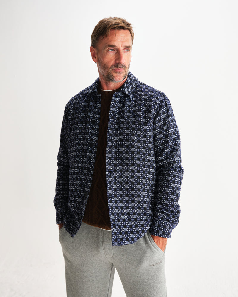 wax london men's Rockley - Navy Geometric Jacquard Overshirt