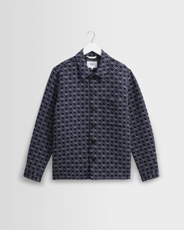 wax london men's Rockley - Navy Geometric Jacquard Overshirt