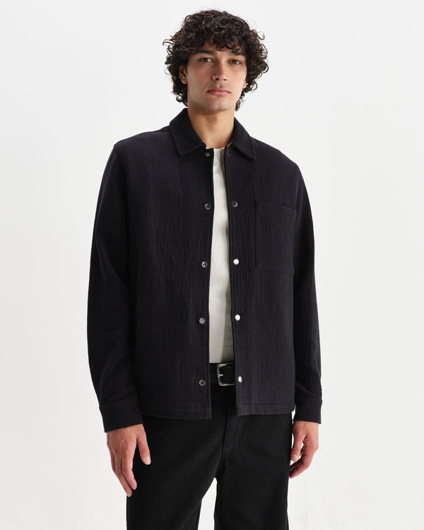 wax london men's Romer - Black Heavy Crinkle Cotton Overshirt