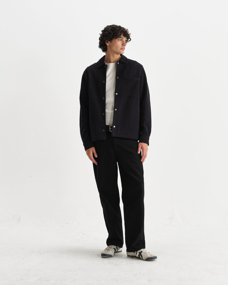 wax london men's Romer - Black Heavy Crinkle Cotton Overshirt
