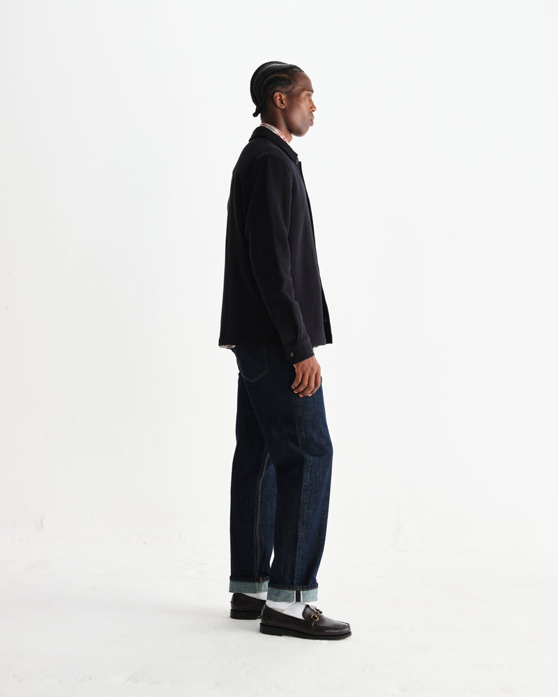 wax london men's Romer - Black Heavy Crinkle Cotton Overshirt