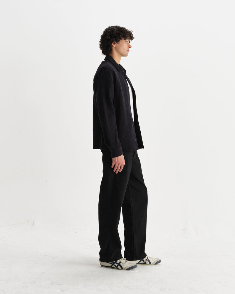 wax london men's Romer - Black Heavy Crinkle Cotton Overshirt