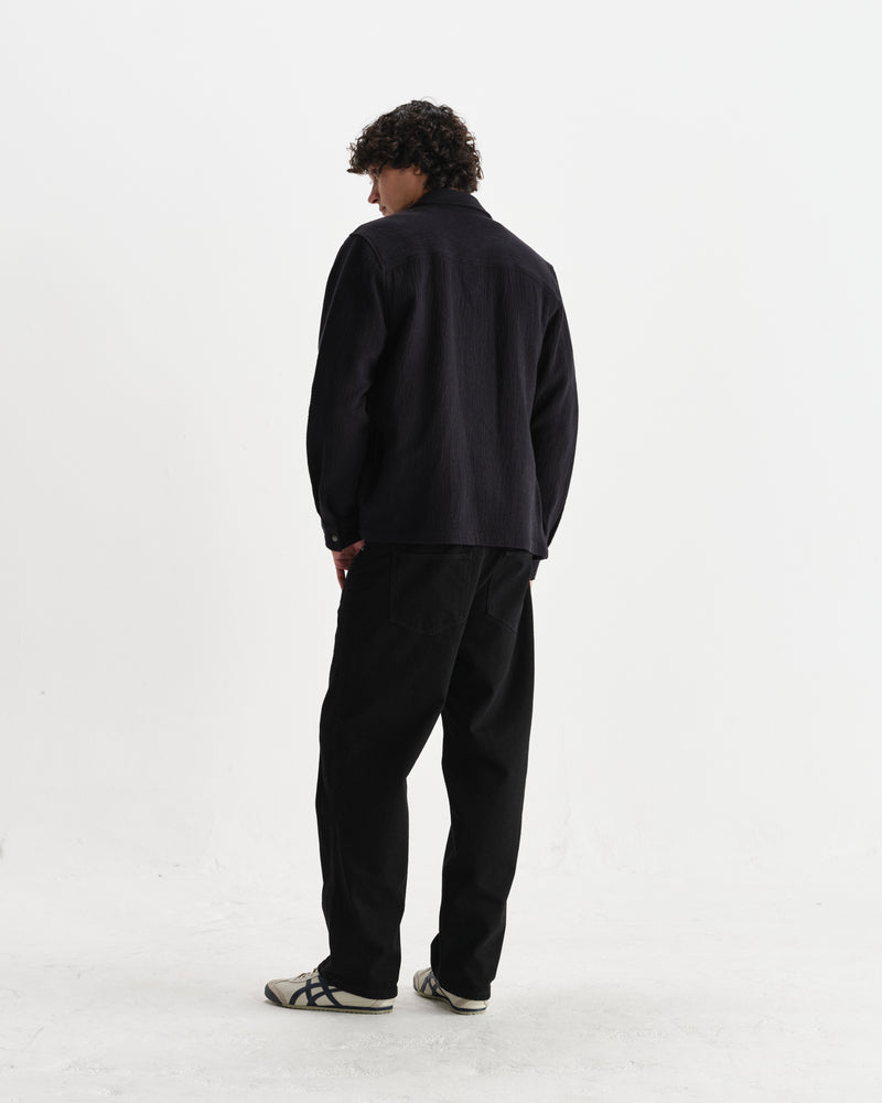 wax london men's Romer - Black Heavy Crinkle Cotton Overshirt