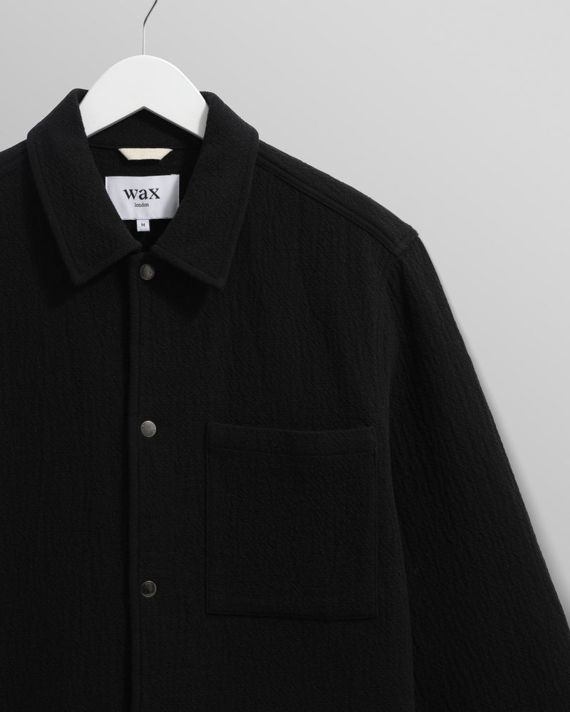 wax london men's Romer - Black Heavy Crinkle Cotton Overshirt