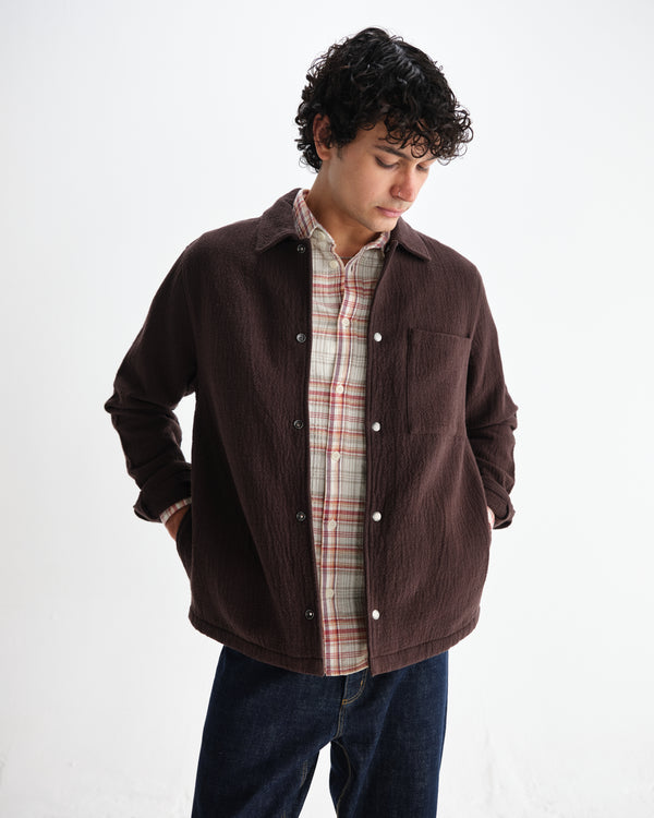 wax london men's Romer - Dark Brown Heavy Crinkle Cotton Overshirt
