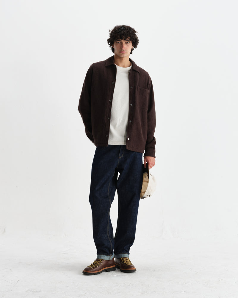 wax london men's Romer - Dark Brown Heavy Crinkle Cotton Overshirt