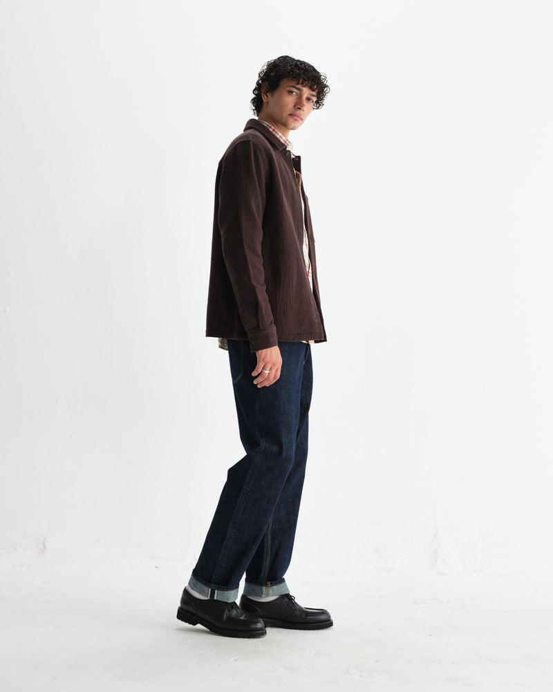 wax london men's Romer - Dark Brown Heavy Crinkle Cotton Overshirt