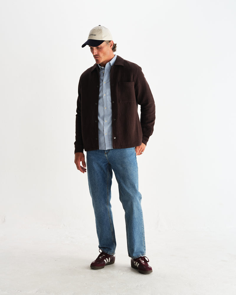 wax london men's Romer - Dark Brown Heavy Crinkle Cotton Overshirt