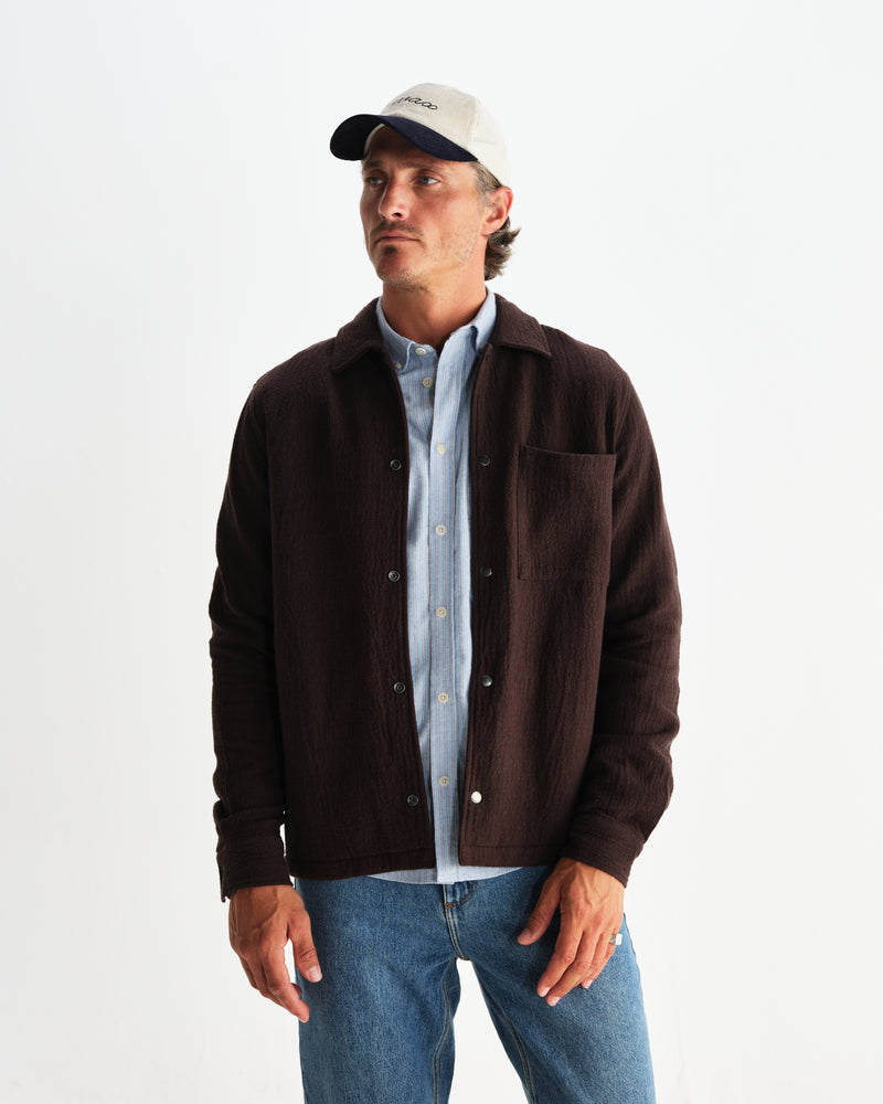 wax london men's Romer - Dark Brown Heavy Crinkle Cotton Overshirt