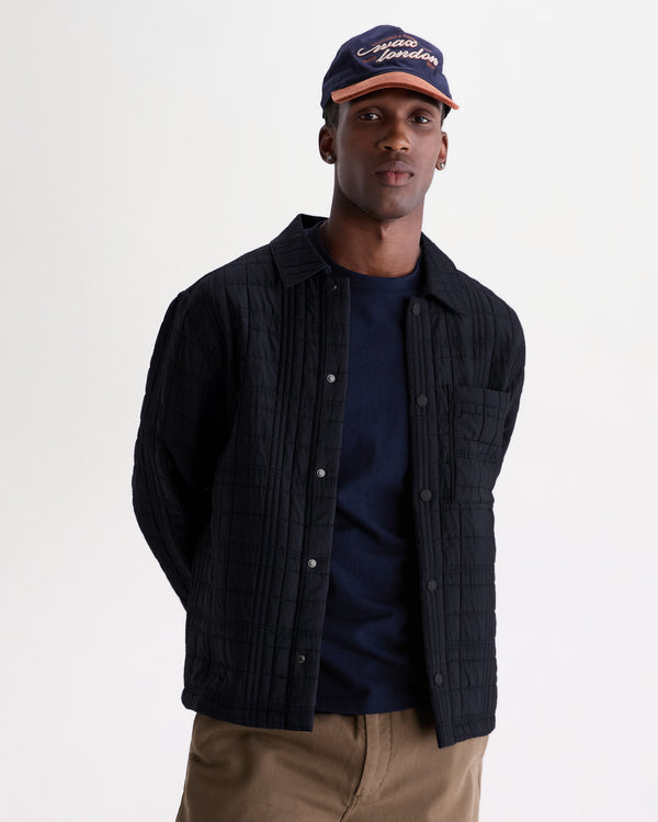 wax london men's Romer - Navy Quilted Check Overshirt