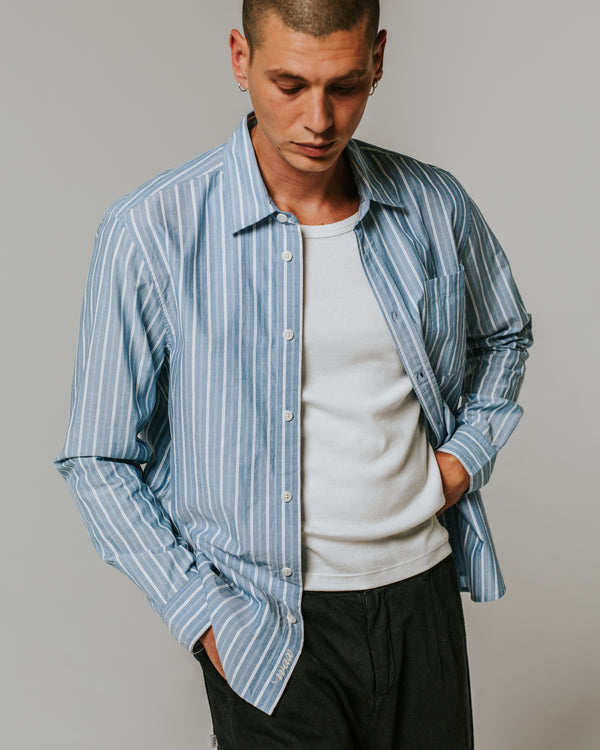 wax london men's Rove - Blue Striped Cotton-Poplin Shirt