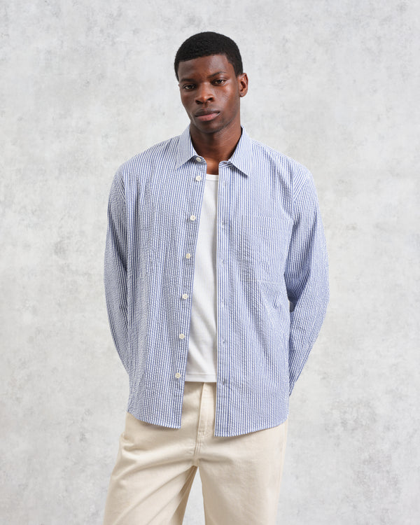 wax london Rove - Blue Striped Cotton Seersucker Shirt