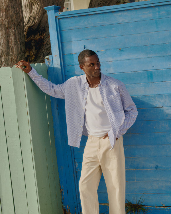 wax london Rove - Blue Striped Cotton Seersucker Shirt