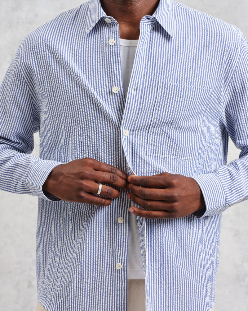 wax london Rove - Blue Striped Cotton Seersucker Shirt