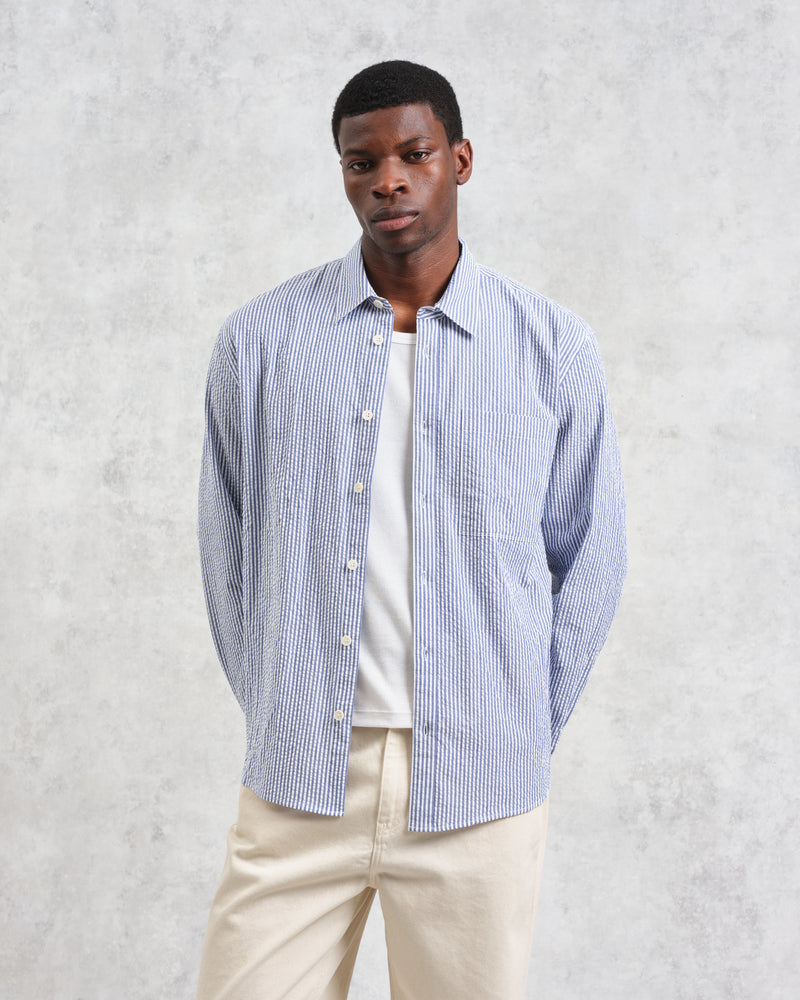 wax london Rove - Blue Striped Cotton Seersucker Shirt