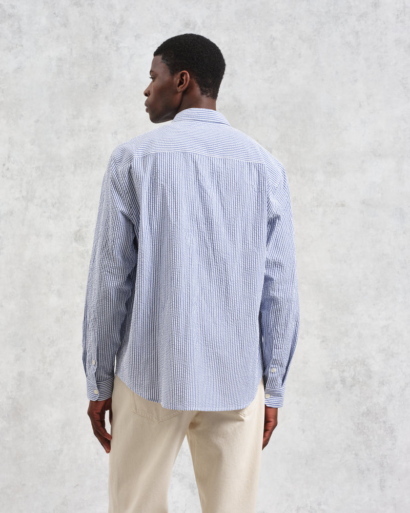 wax london Rove - Blue Striped Cotton Seersucker Shirt