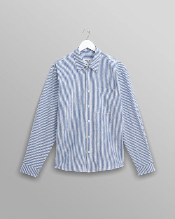 wax london men's Rove - Blue Striped Cotton Seersucker Shirt