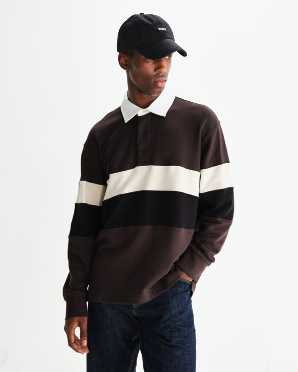 wax london men's Rowhill - Brown And Black Panelled Loopback Rugby Shirt
