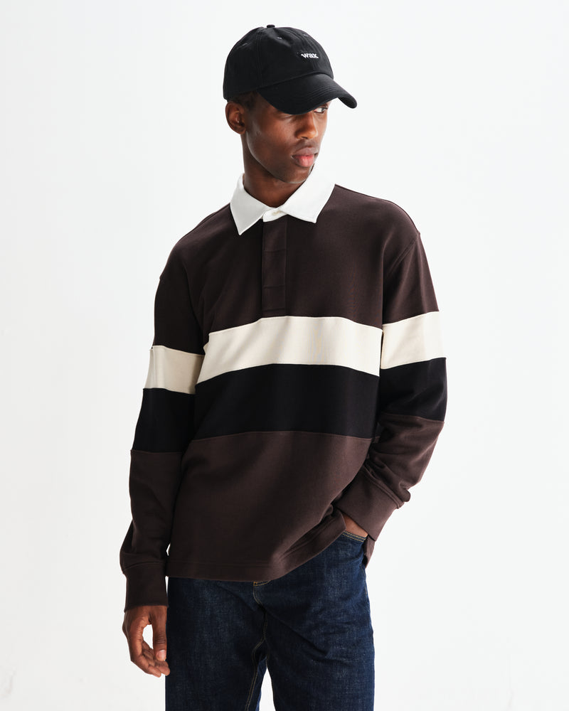 wax london men's Rowhill - Brown And Black Panelled Loopback Rugby Shirt