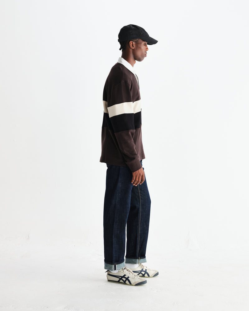 wax london men's Rowhill - Brown And Black Panelled Loopback Rugby Shirt