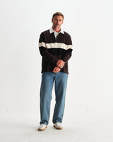wax london men's Rowhill - Brown And Black Panelled Loopback Rugby Shirt